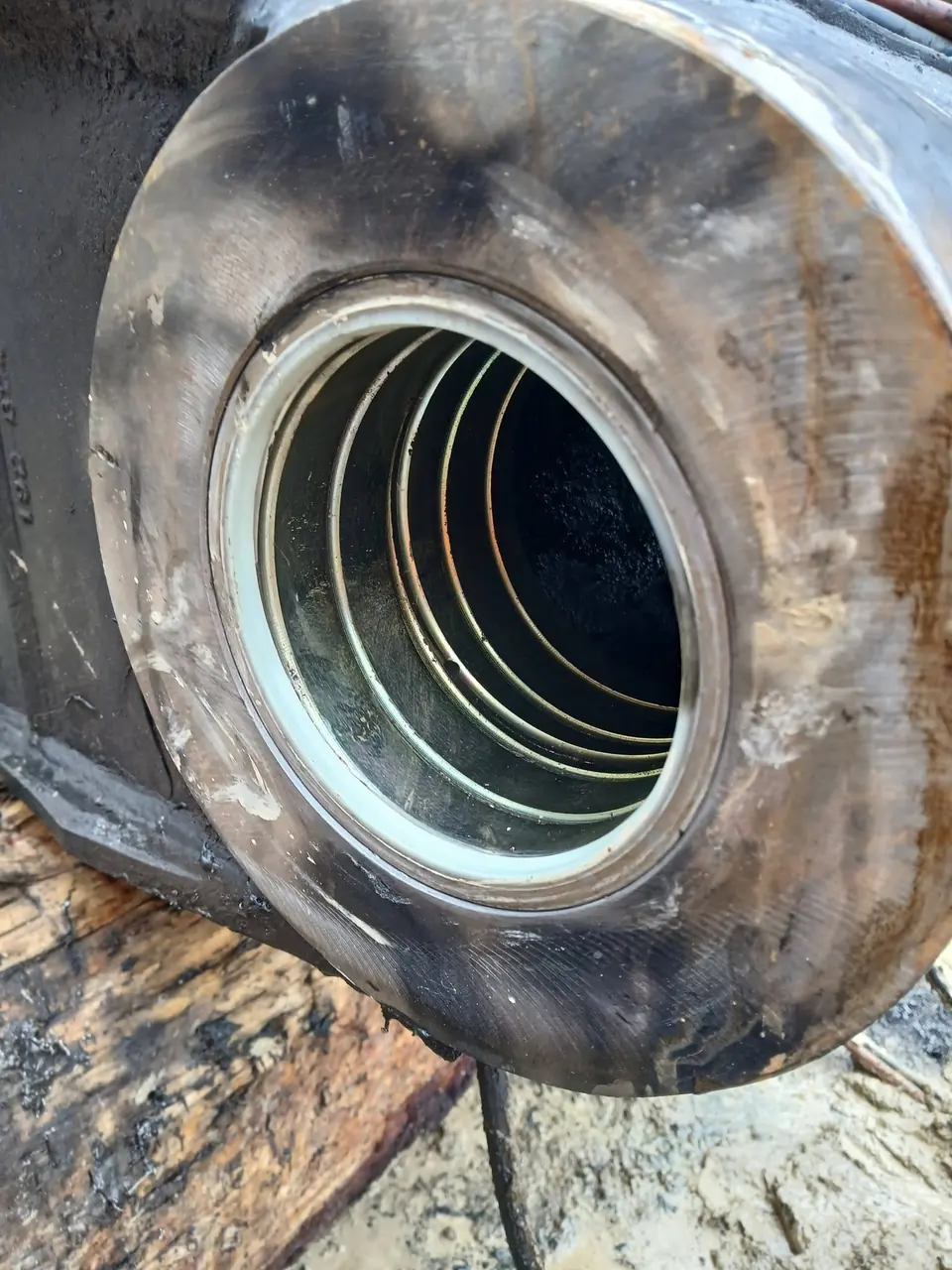 Bore with weld buildup inside, part way through being machined back out
